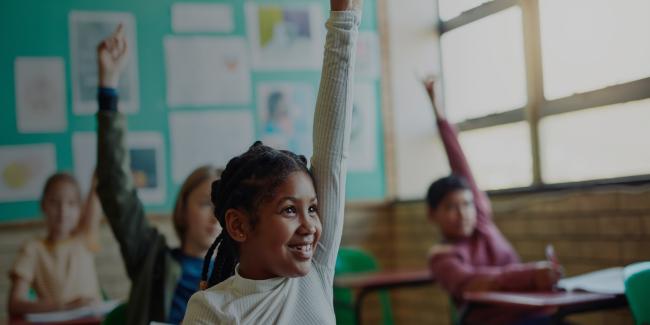 Students raising hands in class